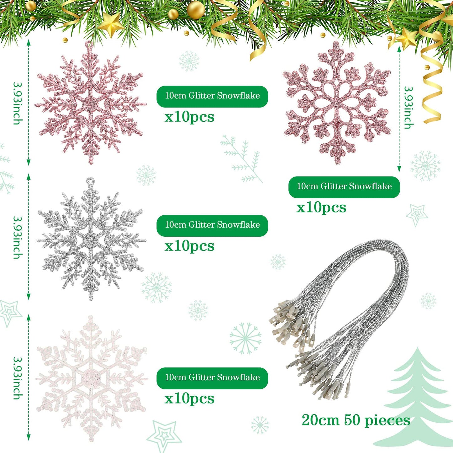 Syhood 48 Pieces Christmas Glitter Snowflake Ornaments 4 Inch Plastic Snowflake Ornaments Hanging Crafts for Christmas Tree Embellishing Party Decorations(Pink, Silver, White