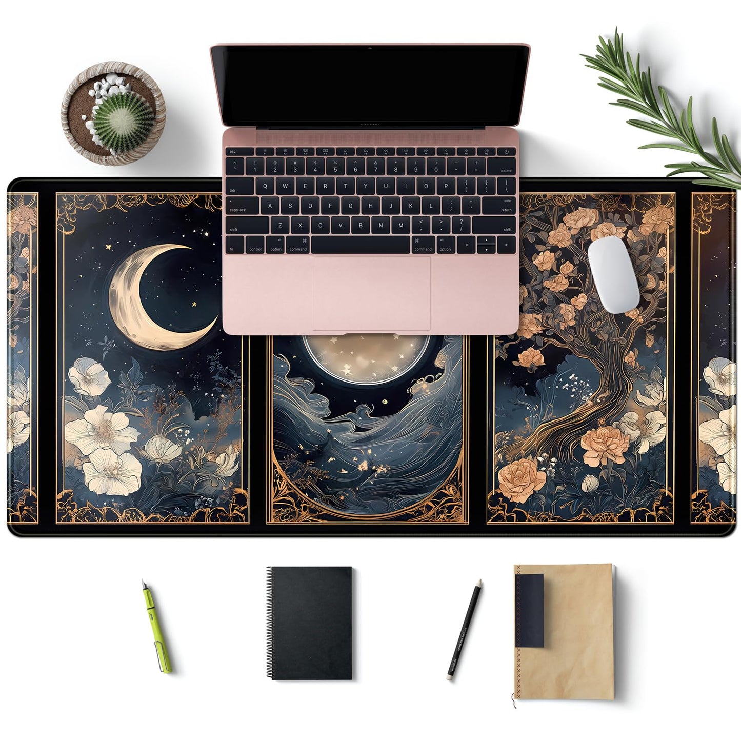 Celestial Lunar Nature Tarot Card Desk Mat Moon Floral Large Mouse Pad XXL 31.5''X 15.7'' Witch Night Botanical Desk Pad Gaming Mousepad Keyboard Mouse Mat for Laptop Computer Office Decor Gift
