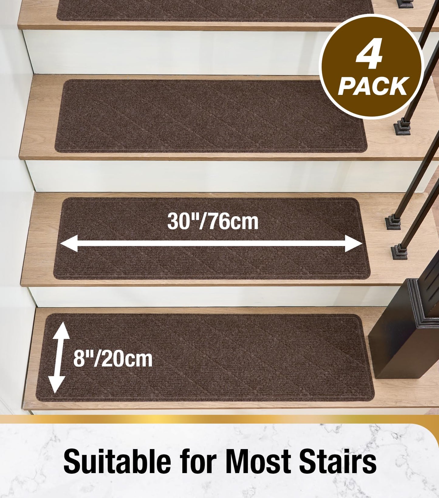 HITSLAM Stair Treads for Wooden Steps, 4 Pack 8 x 30 Inch Peel and Stick Carpet Stair Treads Non-Slip Indoor, Safe for Kids and Dogs, Stair Runners with Self-Adhesive Backing, Easy to Install, Brown
