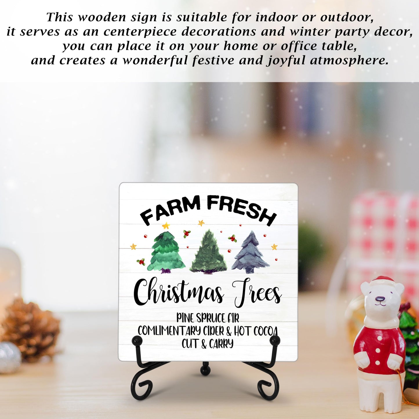 Cazhes Farmhouse Christmas Decor, Christmas Tree Sign Decorations for Home Bedroom, 5x5 Inches Wooden Xmas Decor with Iron Stand, Birthday New Year Gifts for Women-G04