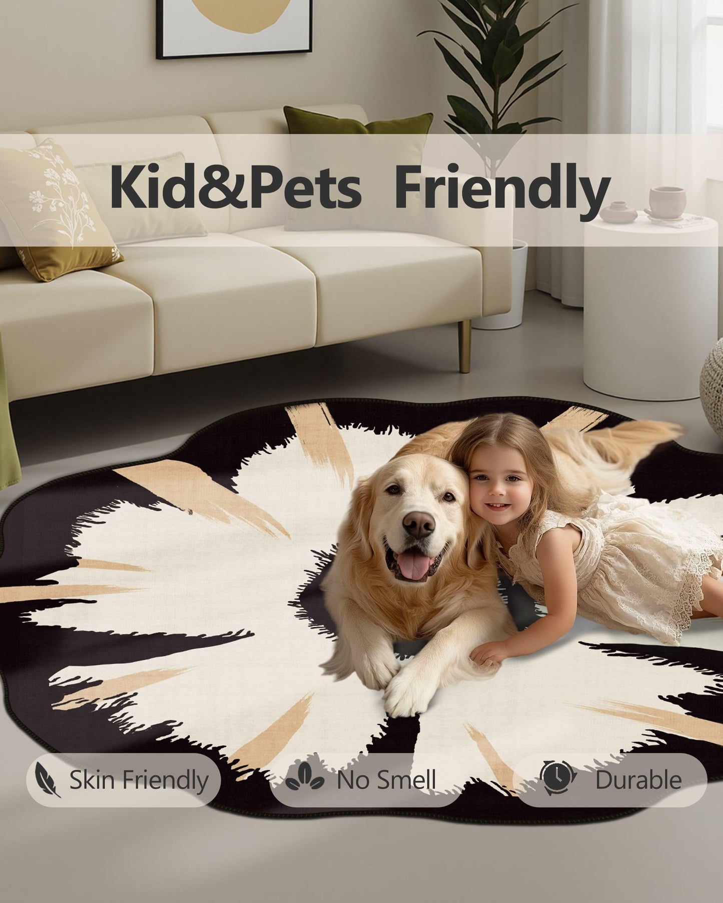 Latte&Fog Round Area Rug for Living Room, Modern Floral Washable Circle Rug, Boho Non Slip Low Pile Carpet for Bedroom, Dining Room, Entrance and Hallway(4ft Round)