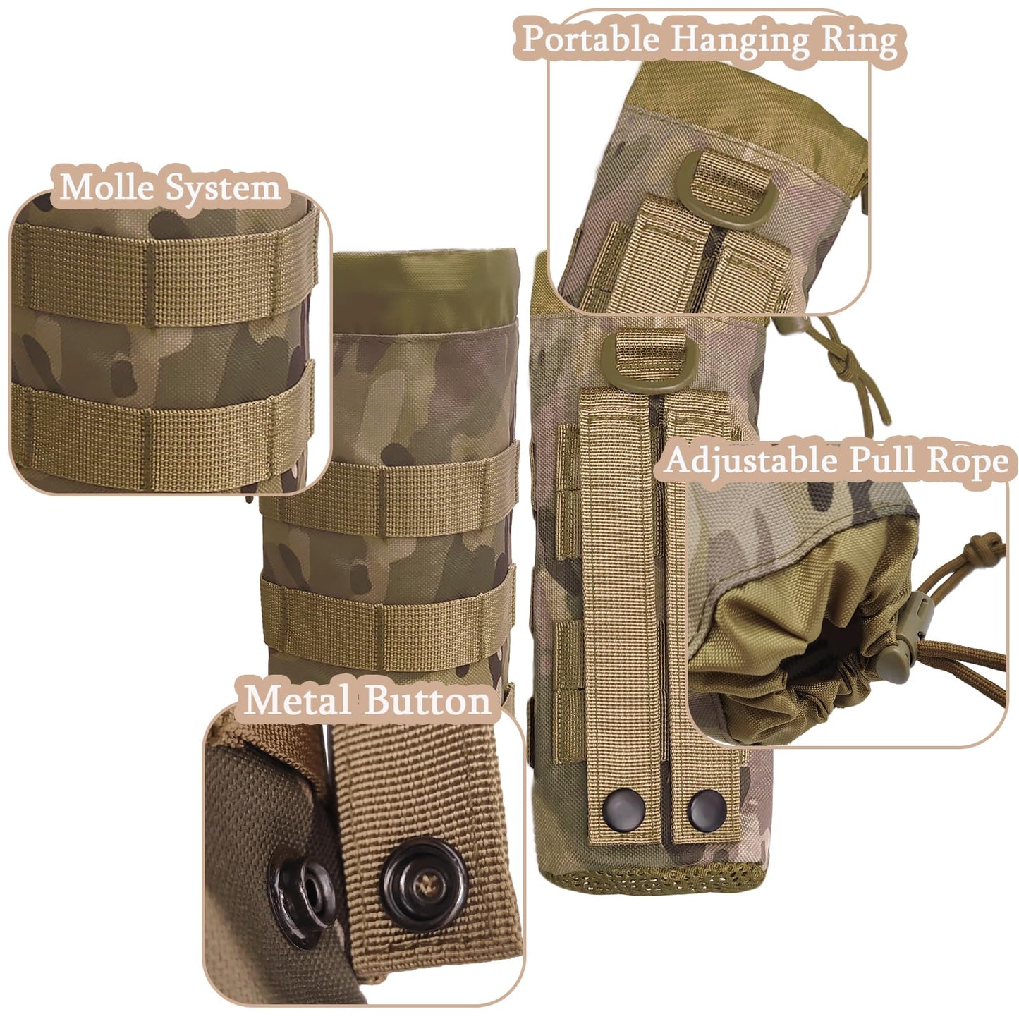 1000D Nylon Tactical Molle Water Bottle Pouches, Outdoor Sports Water Bottles Pouch Bag, 16/24/25/32/40oz Drawstring Open Top and Mesh Bottom Water Bottle Carrier Bag for Belt/Backpack/Vest/Bike