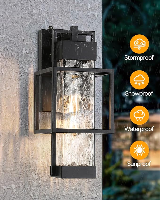 SHIMR Outdoor Wall Lights Dusk to Dawn Light Fixture with Water Glass, Modern Outdoor Sconce Lights 15" H Porch Lights with Black Finish, Waterproof Exterior Wall Light, Bulb Included