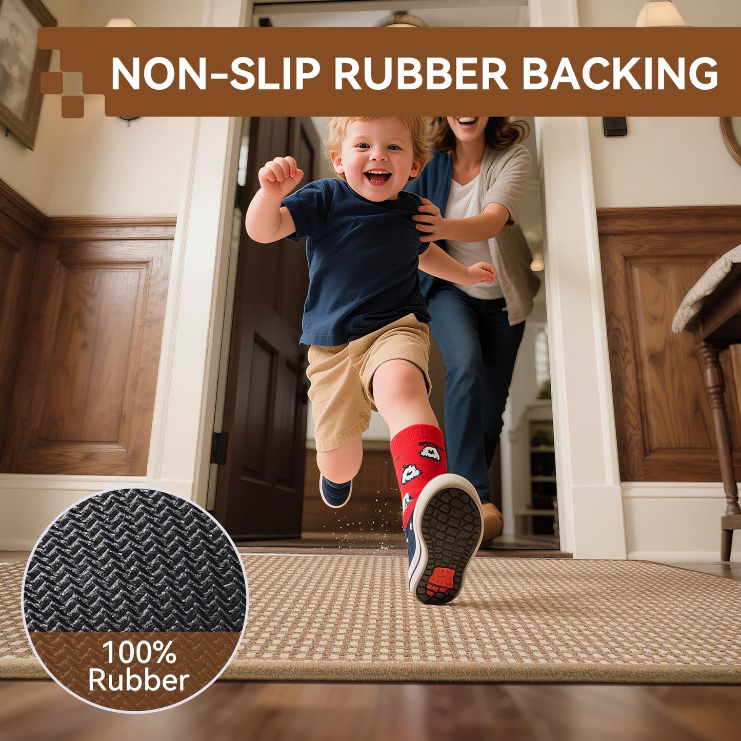QiCaiJia Front Door Mat 17''x30'', Absorbent Dirt Resist Washable Non Slip Low-Profile Indoor Doormat, Easy Clean Entryway Welcome Door Mats, Brown