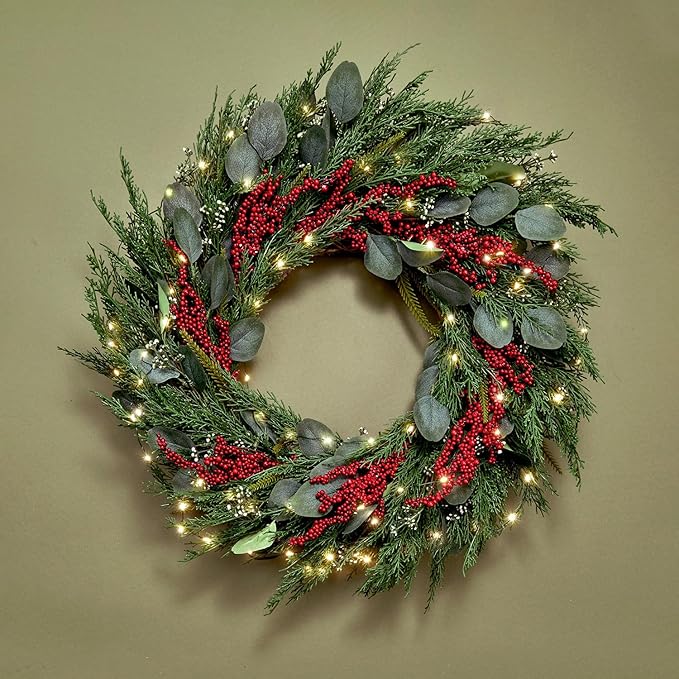 LampLust Winter Wreaths for Front Door Outside, 24 Inch Cypress & Eucalyptus Wreath with Red Berries 100 LED Lights, Timer, Battery Powered, Farmhouse Wreath Year Round, Winter Wreaths for Indoors
