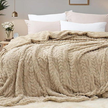 PHF Fluffy Sherpa Blanket Queen Size for Winter, Warm and Soft, 510GSM 3D Jacquard Thick Shaggy Fleece Plush Blanket for Sofa Bed, Khaki, 90"x90"