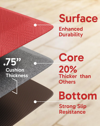 Ophanie Kitchen Mats for Floor, 3/4 Inch Thick Kitchen Rugs, 20''x32'' Anti Fatigue Standing Cushioned Mat, Waterproof,Comfort Ergonomic Mat for Office, Home, Sink, Red Non-Slip Bottom