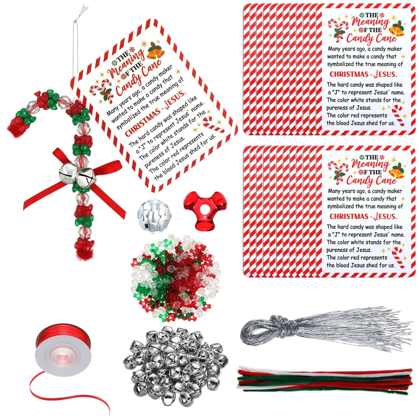 JellyArch 24 Sets Story of Candy Cane Ornament Craft Jesus Religious Christmas Beaded Ornament Kit DIY Xmas Craft Gift 696 Beads 24 Cards 48 Bells 24 Chenille Stems 1 Ribbon for Tree Decor (Red,Green)
