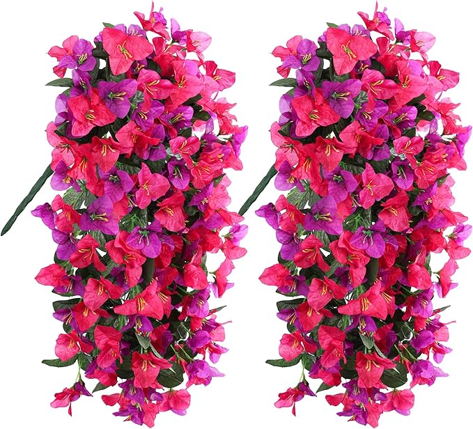 HyeFlora Bougainvillea Artificial Hanging Flowers Plants for Outdoors Decoration, 2pcs Fake Flowers Silk Bougainvillea Vines Realistic UV Resistant Faux Flowers for Outdoor Planters Porch Patio, Mix