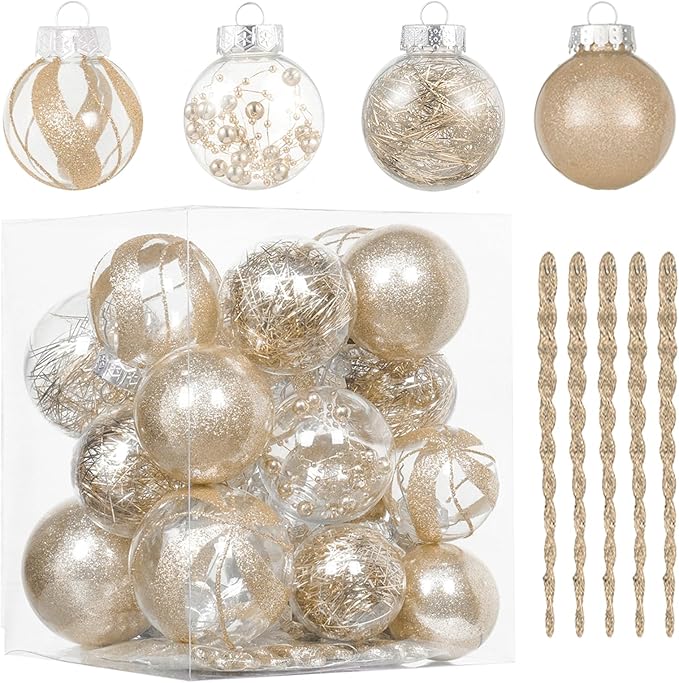XmasExp 32ct Christmas Ball Ornaments Set -Champagne Clear Plastic Shatterproof Xmas Tree Ball Decorations Hanging Baubles for Holiday Decor