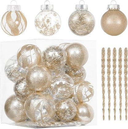 XmasExp 32ct Christmas Ball Ornaments Set -Champagne Clear Plastic Shatterproof Xmas Tree Ball Decorations Hanging Baubles for Holiday Decor