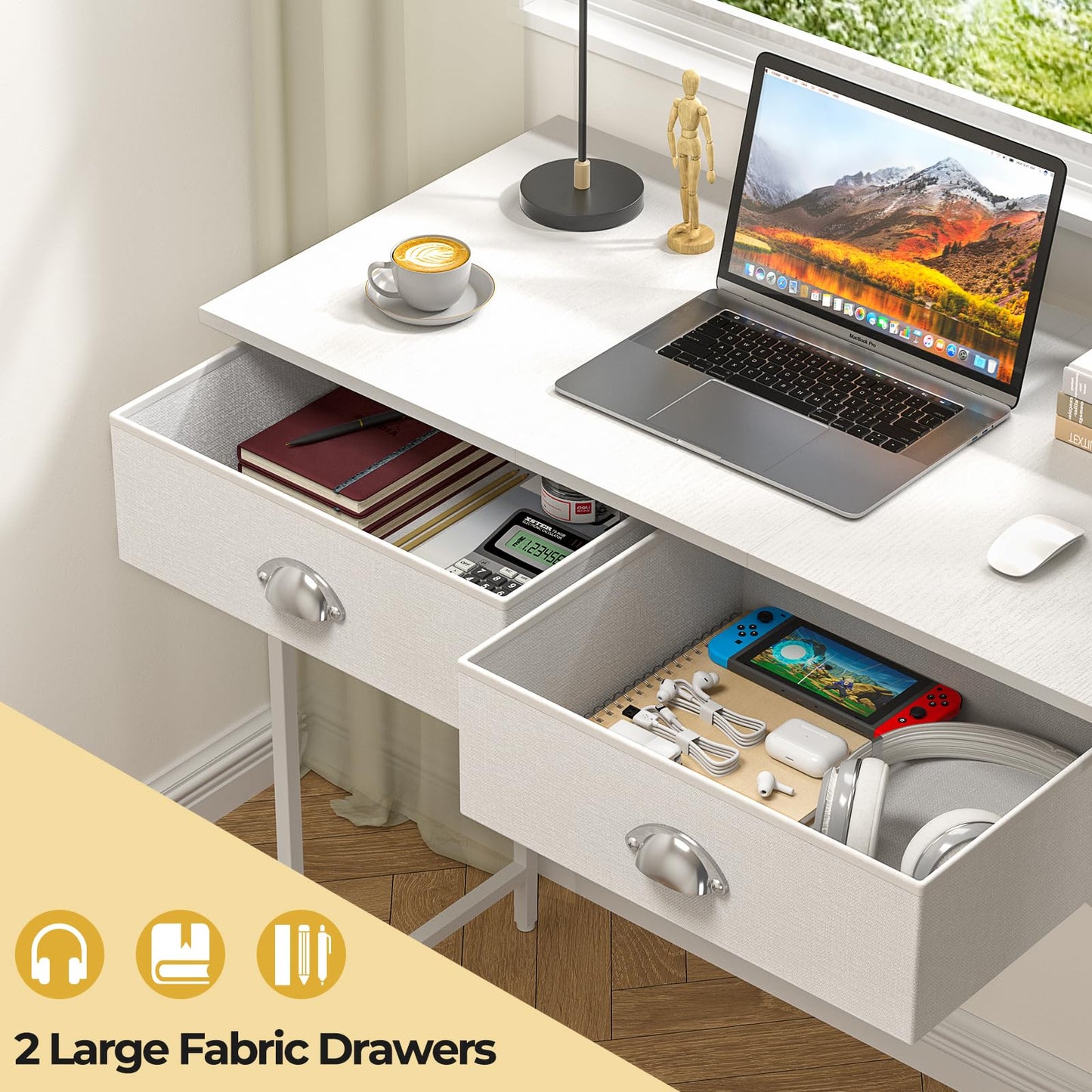 DAOUTIME Small Writing Desk for Kids Bedroom, 31.5 Inch White Computer Desk for Small Spaces, Simple Desk with 2 Fabric Drawers for Home Office, Dorm, Living Room, Home Study Table, White