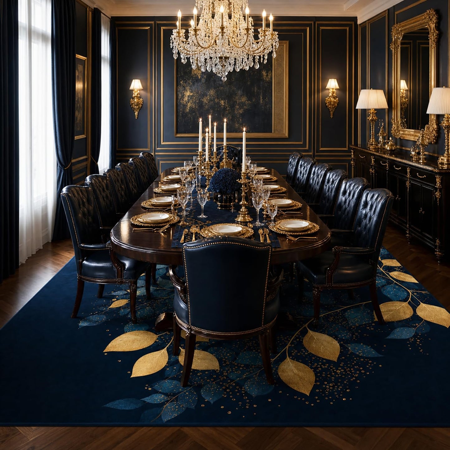 AQQA Quiet Luxury Abstract Leaves Area Rug - Navy & Gold Foil Texture Art Carpet - Machine Washable Faux Cashmere Rug - Non-Slip Decorative Floor Mat for High-End Home Decor