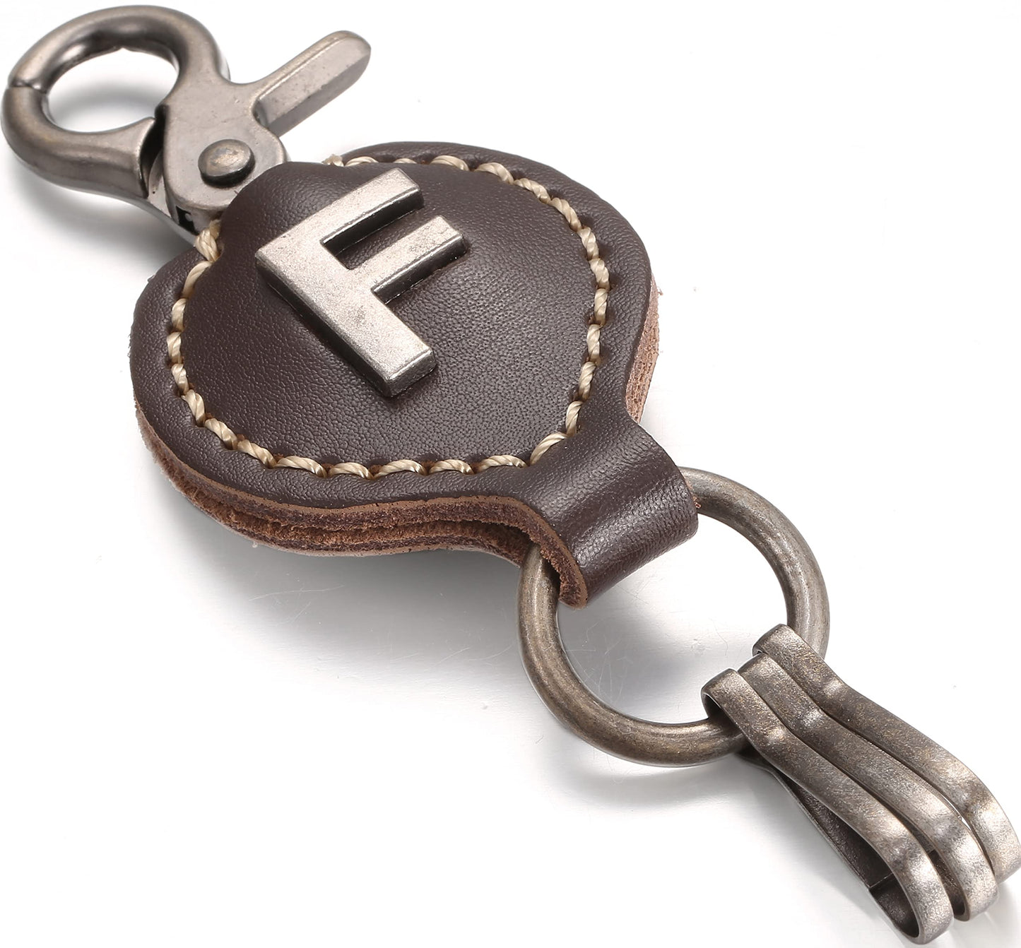 Marino Avenue Leather Keychain For Men, Single Letter Alphabet with Easy Clasp - F - Rich Brown - One Size
