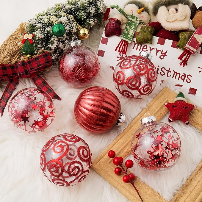 XmasExp 8ct Christmas Ball Ornaments Set -Large Clear Plastic Shatterproof Xmas Tree Ball Hanging Baubles Stuffed Delicate Glittering for Holiday Wedding Xmas Party Decoration (100mm/3.94",red)