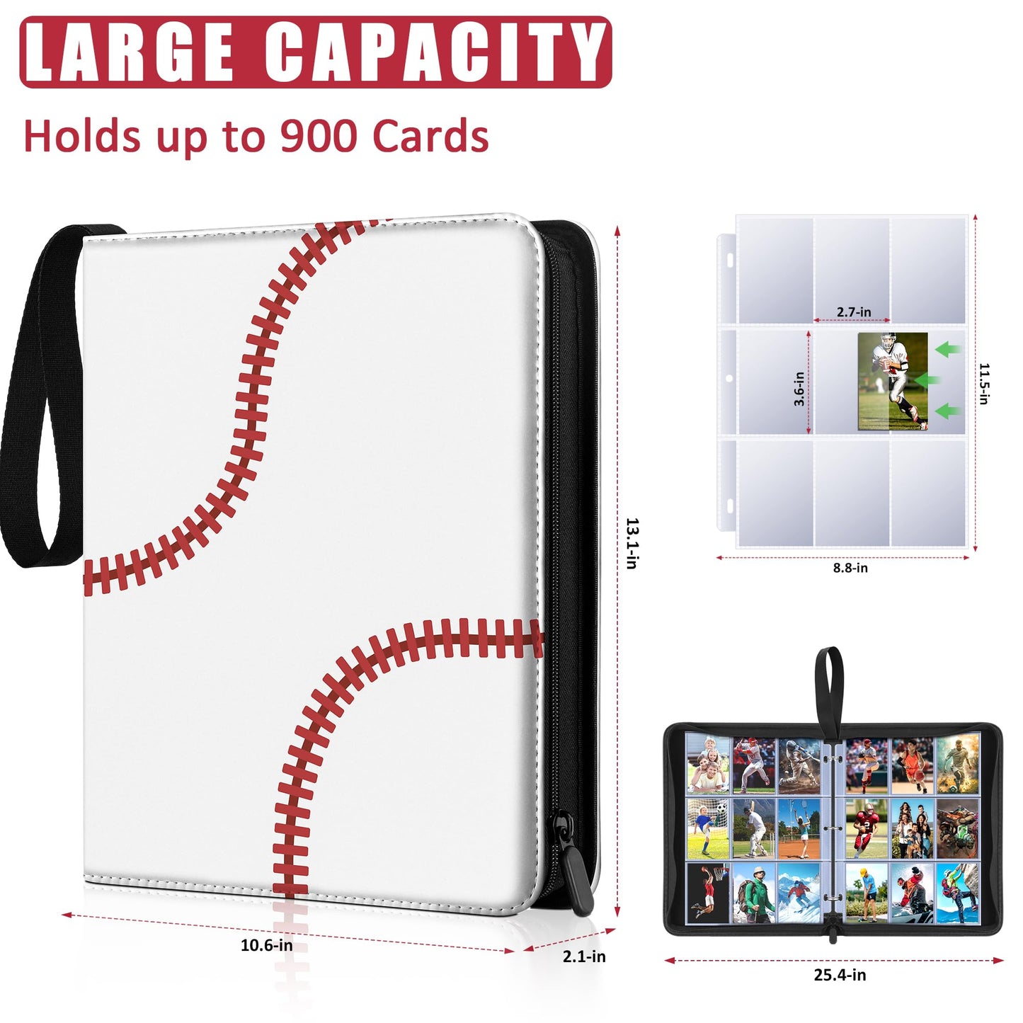 Trading Card Binder Album, PU Leather Baseball Card Binder with 900 Side Loading Pockets, Double Sided Pocket Zipper Card Binder for TCG Game Cards, Sports Cards (White)