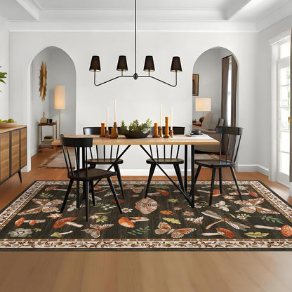 ROYHOME Mushroom Washable Rug 5x7 Area Rugs for Living Room, Insect Print Rug for Bedroom, Non Slip Throw Carpet with Rubber Back, Soft Low Pile Dining Room, Brown