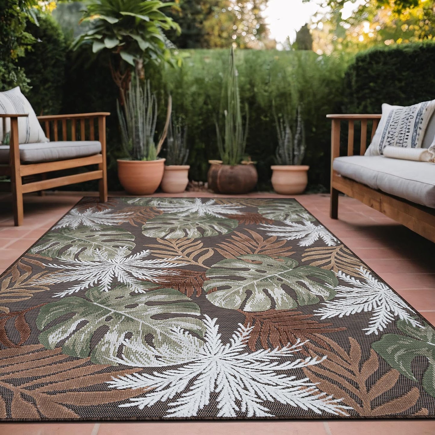 Luul Home Floral Indoor Outdoor Rugs 5x7 Large Area Rug for Living Room, Patio Decor, Kitchen, and Entryway Rug, Washable Stain Resistant Outside Carpet Brown 5 x 7
