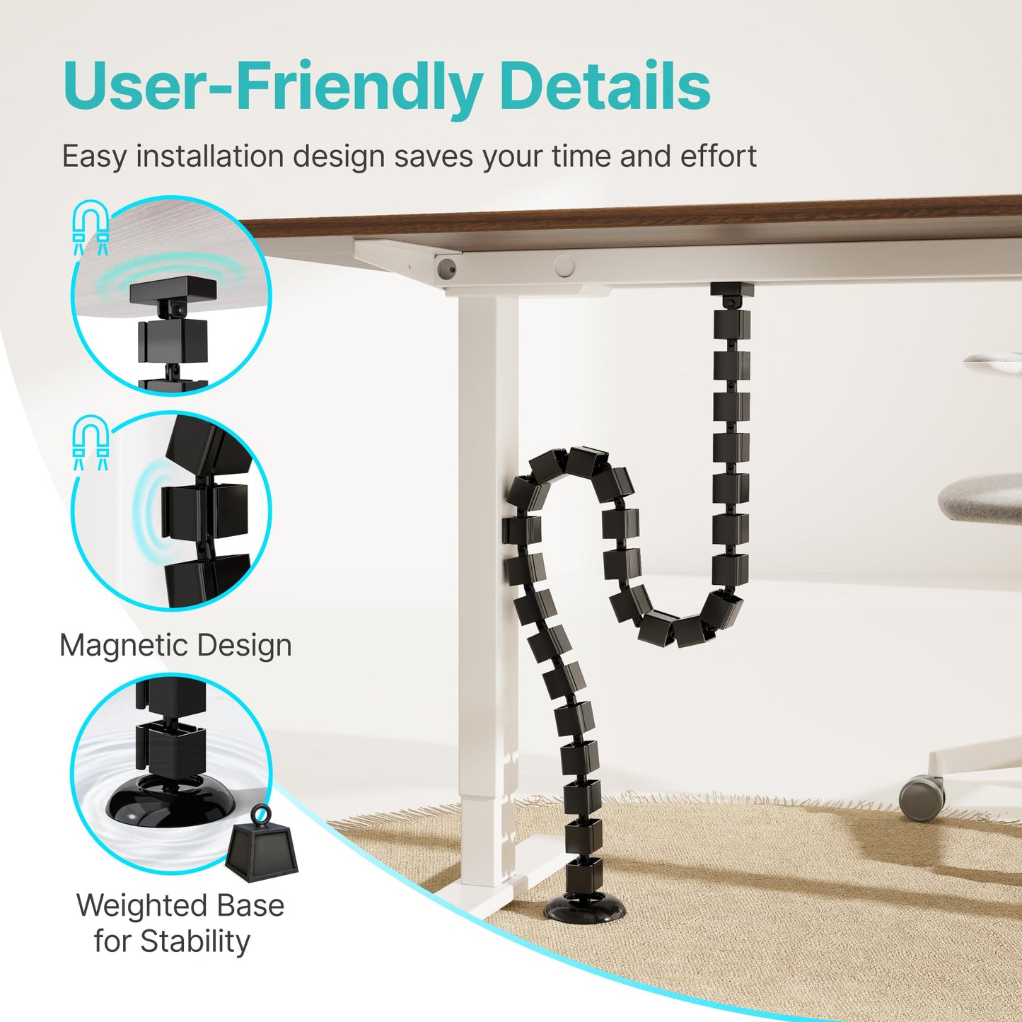 PEGZONE Under Desk Cable Management Spine – Flexible Cable Snake Organizer for Standing Desk, Tool-Free Magnetic Vertebrae Wire Management for 0.4"-2" Table, Black
