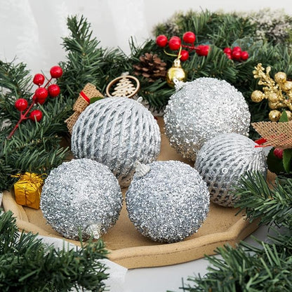 6pcs 3.94" Christmas Ball Ornaments Glitter Shatterproof Christmas Tree Ornaments Sequin Xmas Hanging Balls Decorations for Wedding Party Holiday(Silver, 6pc-10cm)
