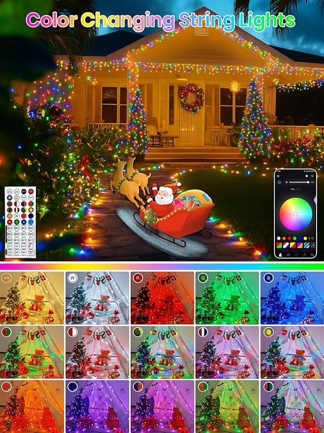 600LED Smart Color Changing Halloween Lights App Controlled, 208FT Waterproof RGB Xmas String Light Music Sync Multiple Modes, Christmas Lights with Remote & Timer Indoor Outdoor Halloween Decorations