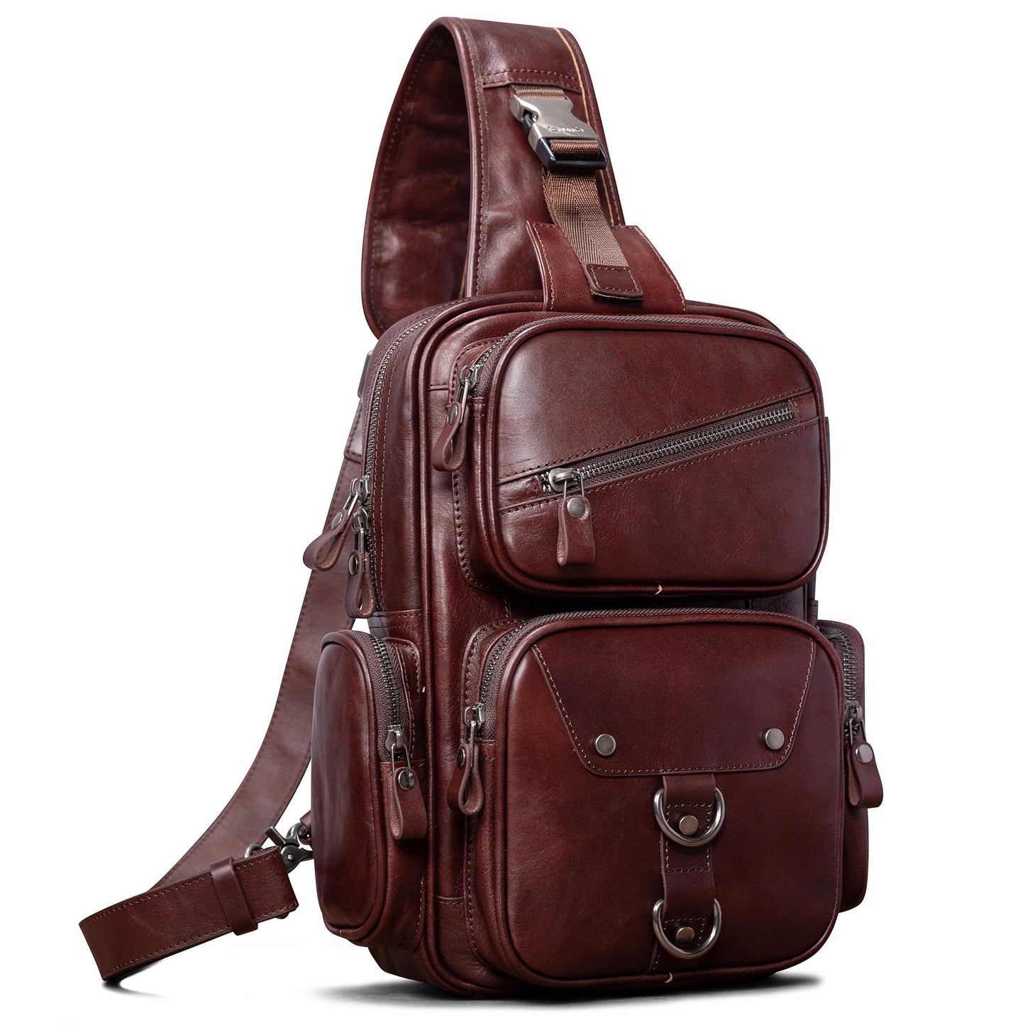CENUNCO Genuine Leather Sling Bag for Men Large Crossbody Shoulder Bag Casual Sling Backpack Anti-Theft Travel Chest Purse (Dark Brown)