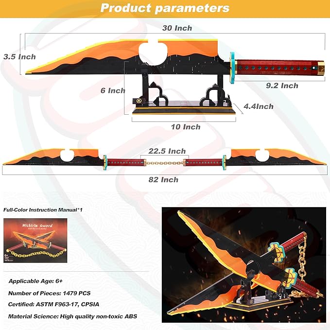 Jorumo Sword Building Set 82in Double Blade Tengen Uzui Sword Building Block with Stand Handmade Cosplay Anime Sword Toy Building Set for Collecting and Gifting 1478Pcs