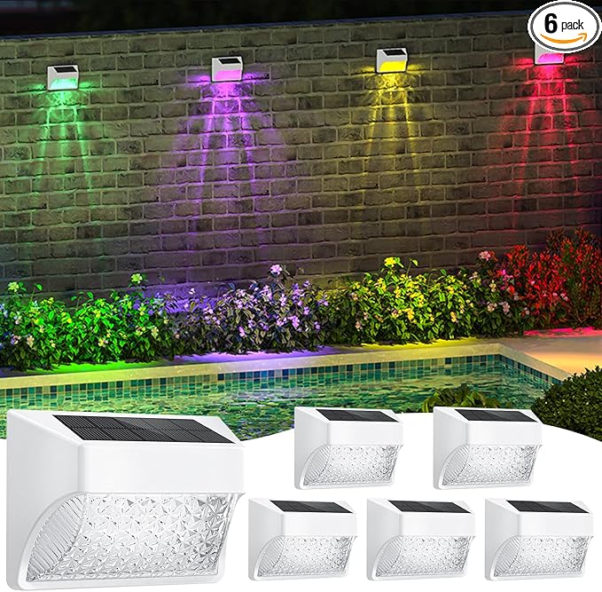 Solar Powered Fence Deck Lights Outdoor Waterproof Led IP65 RGB Color Changing/Warm White Auto On/Off Solar Step Lights for Outside Stair Garden Yard Wall Patio (6 Pack, White)
