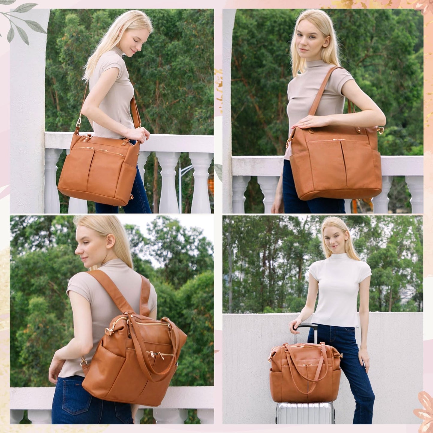 MOMINSIDE Diaper Bag Tote, 4 in 1 Leather Diaper Bag Backpack with 13 Pockets, Convertible Baby Bag for mom,Hospital bag Pañaleras Para Bebe, Changing Pad, 4 Large Insulated Pockets(Brown)