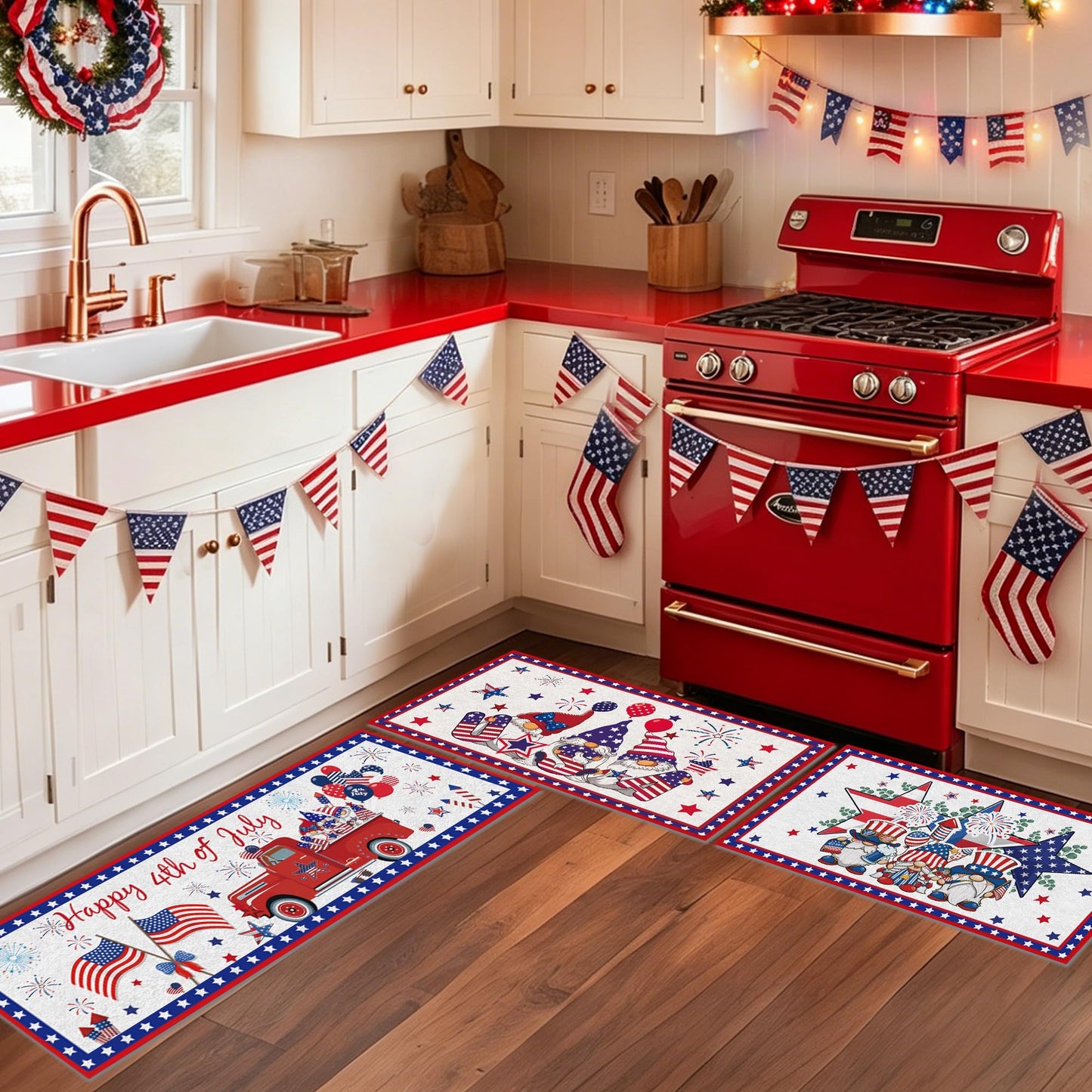 4th of July Kitchen Rugs Set, 3 Pcs Patriotic Gnome Runner Rug and Floor Mat, Americana Truck Decor for Kitchen Entryway, Red White Blue