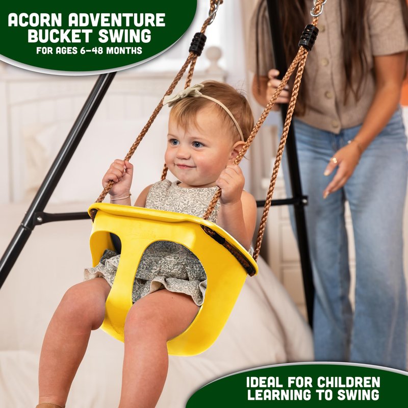 Acorn Adventures Toddler Swing Seat – Baby Bucket Swing for Outdoor Backyard & Porch, Adjustable Ropes, Easy Install, Weather-Resistant HDPE - Yellow