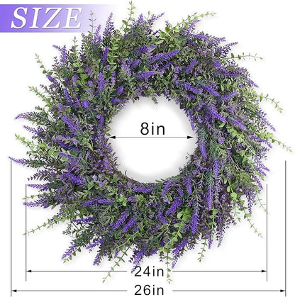 26'' Large Eucalyptus and Lavender Wreath for Front Door, Porch, Window- Artificial Eucalyptus Leaves with Lavender Wreath for Home, Farmhouse Wall Decor- Spring, Summer, Fall, All Seasons (Purple)