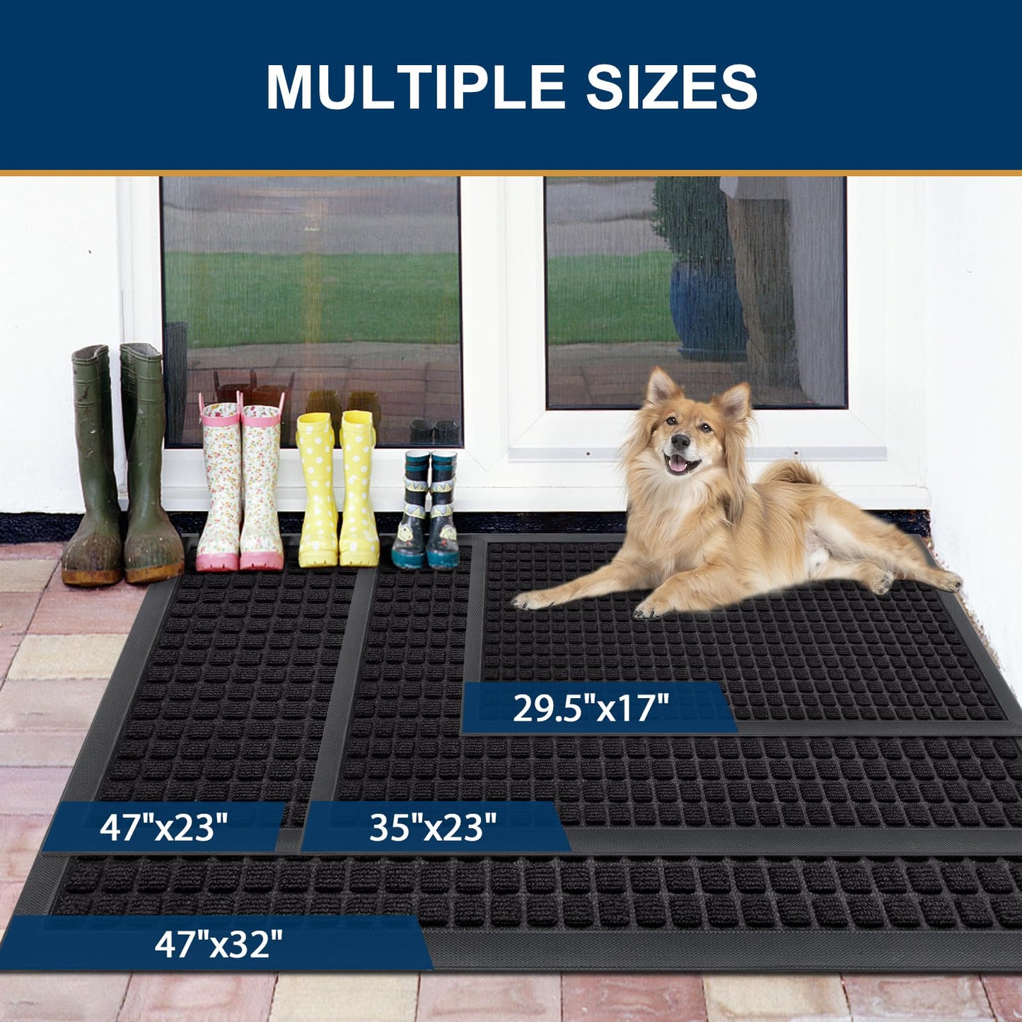 Smiry Front Door Mat Outside Entrance, Heavy Duty Natural Rubber Doormat, Non Slip, Trap Dirt and Moisture, Easy Clean, Low Profile Welcome Floor Mats for Indoor Outdoor Entry, 47x32 Inch, Black