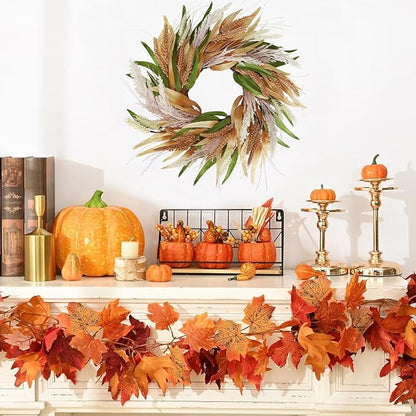 20" Fall Wreaths for Front Door with Green Brown Foliage Grain Ear Wheat and Pampas Grass – Boho Thanksgiving Harvest Wreath, Front Door Porch Decor.