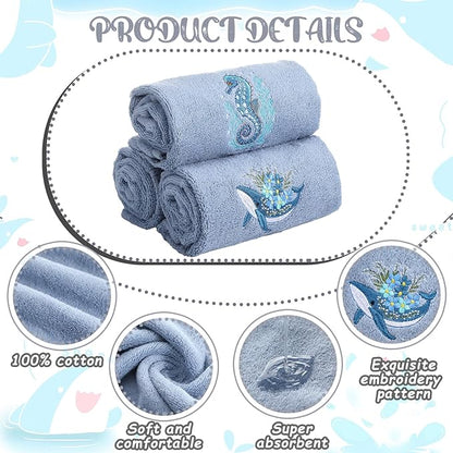 3 Pack Ocean Hand Towels for Bathroom 100% Cotton Embroidered Seahorse