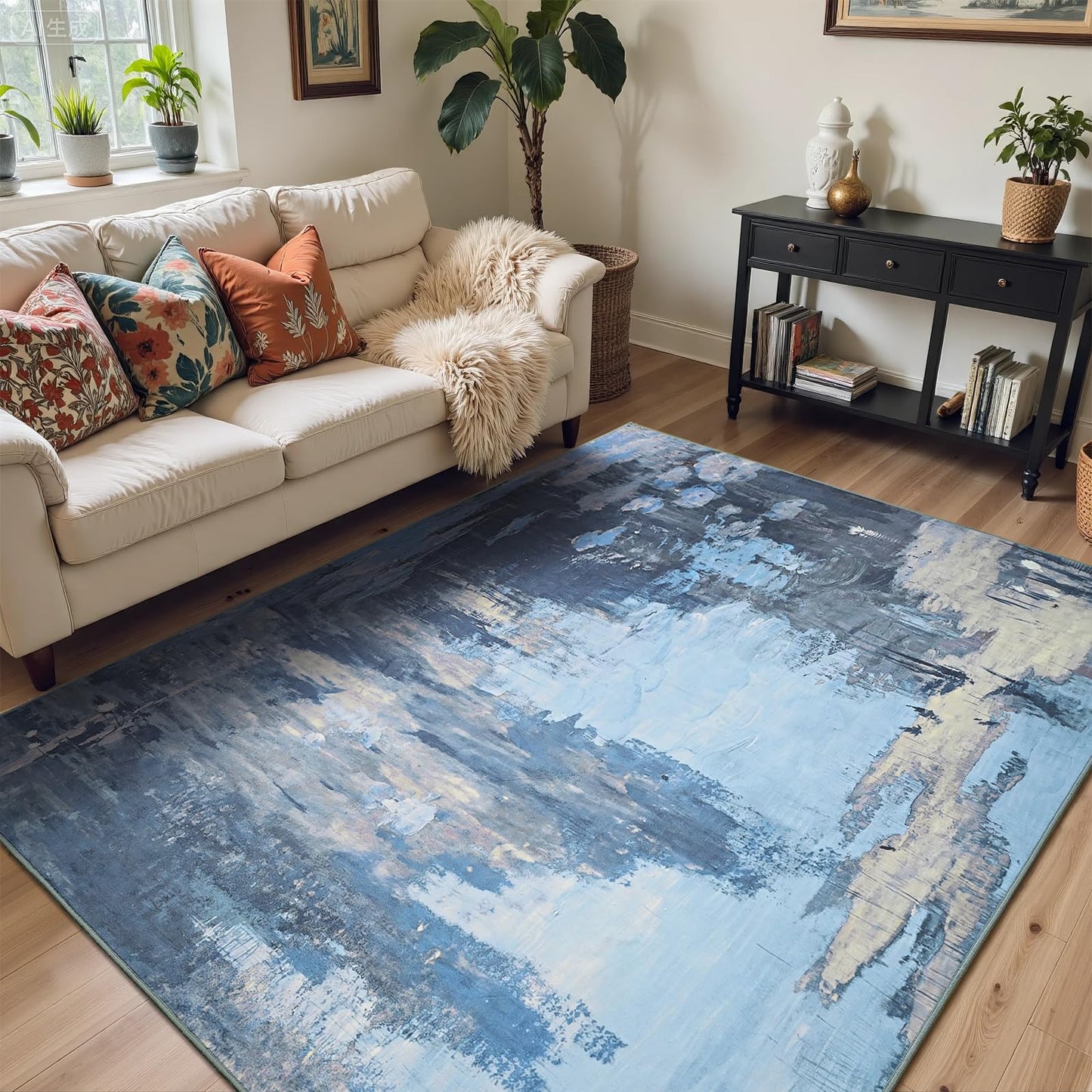 ULTSOFE 4x6 Blue Area Rugs for Bedroom Bedside, Washable Rug for Kitchen, Living Room, Laundry, Bathroom, Entrance, Office, Non-Slip Modern Abstract Faux Wool Low Pile Entrayway Rug Large Carpets