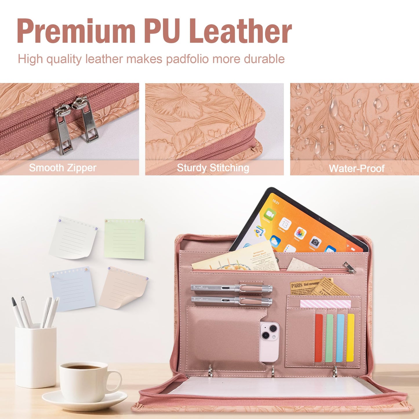 Calfinder Padfolio for Women,Embossed Leather 3 Ring Portfolio Binder,Business Portfolio Organizer with Tablet/Documents Holder,Leather Pink Padfolio Binder for Interview/Office,Valentine's Day Gift