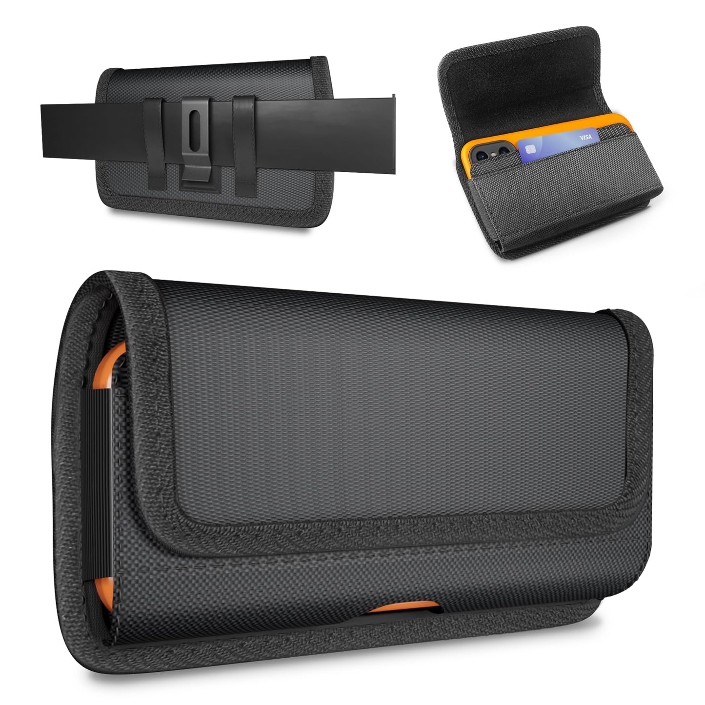 BOMEA Upgraded Nylon Holster for iPhone Pro Max & Plus Models 16 15 14 13 12 11, Cell Phone Belt Clip Holder for Samsung Galaxy S25+ S24+ S23+ S22+ S21+, ID Card Pouch for Men Fits Case on Black Large