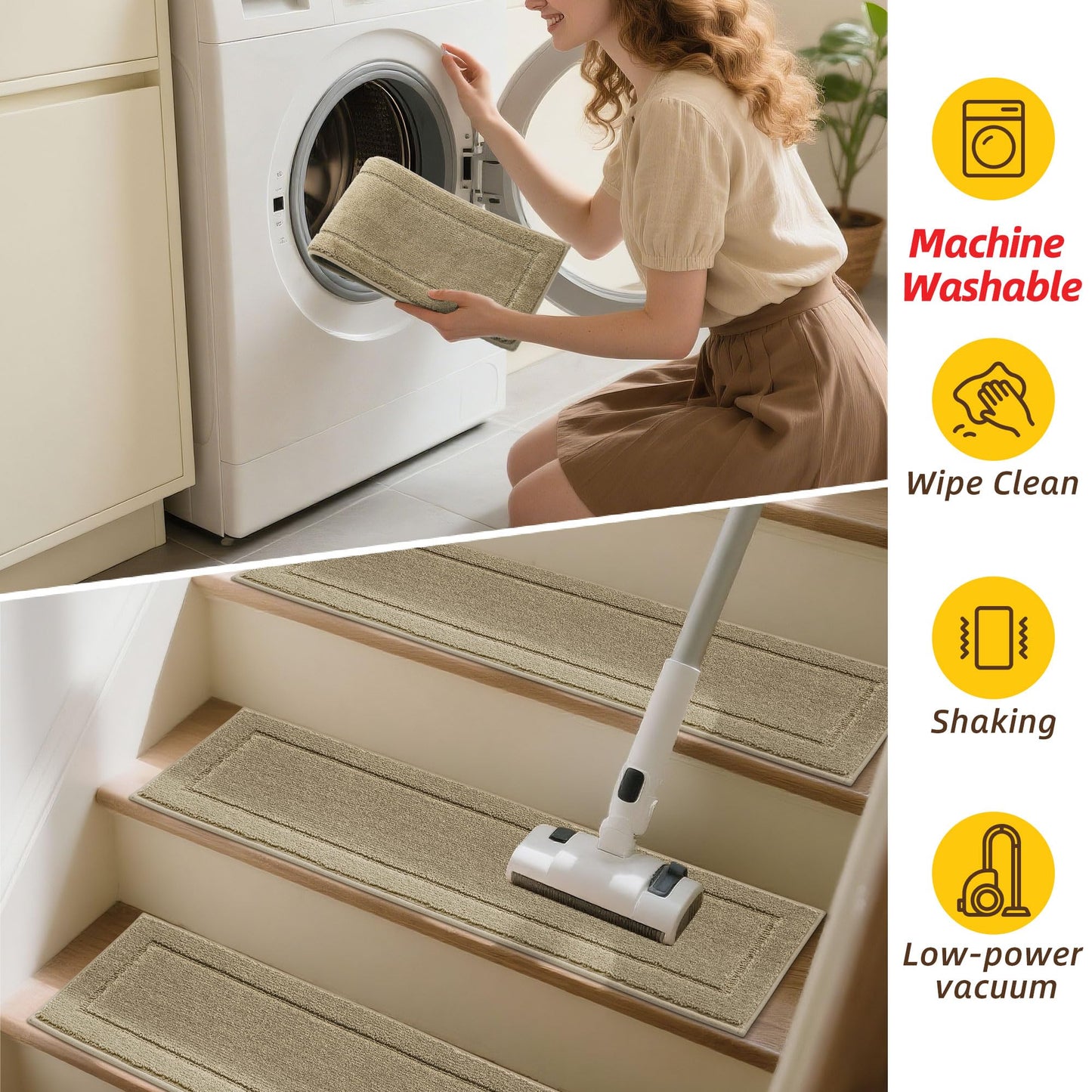 JSEI Stair Treads for Wooden Steps Indoor, 15-Pack Non Slip Stair Treads 30" x 8", Washable Polyester Stair Mats with TPE Backing, Low Profile Stair Rugs for Kids, Seniors and Dogs, Beige