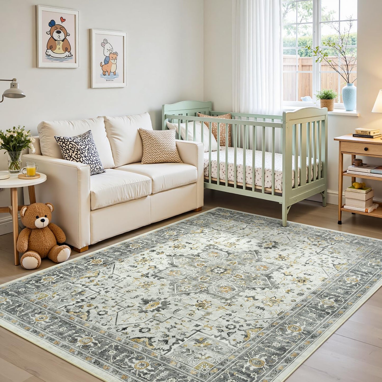 Vibrug Boho Taupe 5x7 Living Room Rug - Modern Vintage Eclectic Floral Pastel Neutral Grey Carpet, Washable Low Pile Non-Slip Extra Large Area Rugs for Dining Under Table, Bedroom, Nursery, Lounge