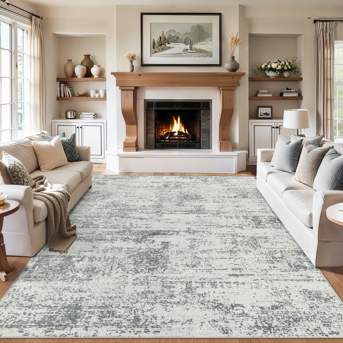 Area Rugs 9x12 Living Room - Washable Rug Modern Abstract Soft Large Neutral Non-Slip Carpet Indoor Floor Stain Resistant Thin Carpets for Bedroom Dining Room Farmhouse Nursery Home Office Grey
