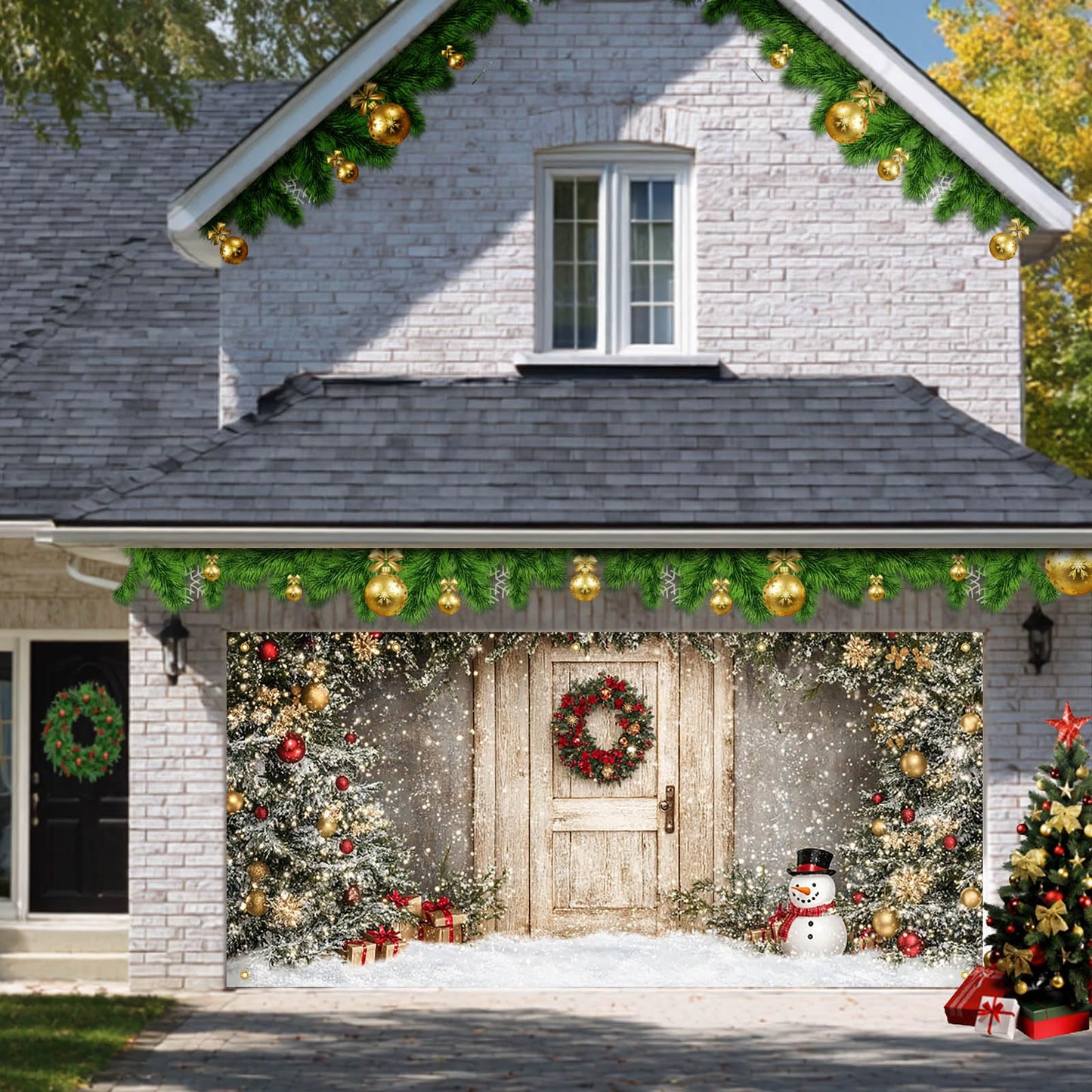 HOMETITUTE Christmas Garage Entryway Banner 13x6ft Gray Wall with Wooden Entryway Decoration Featuring Xmas Trees Snowman Gift BoxesSnowflakes and Lights for Outdoor Holiday Backdrop