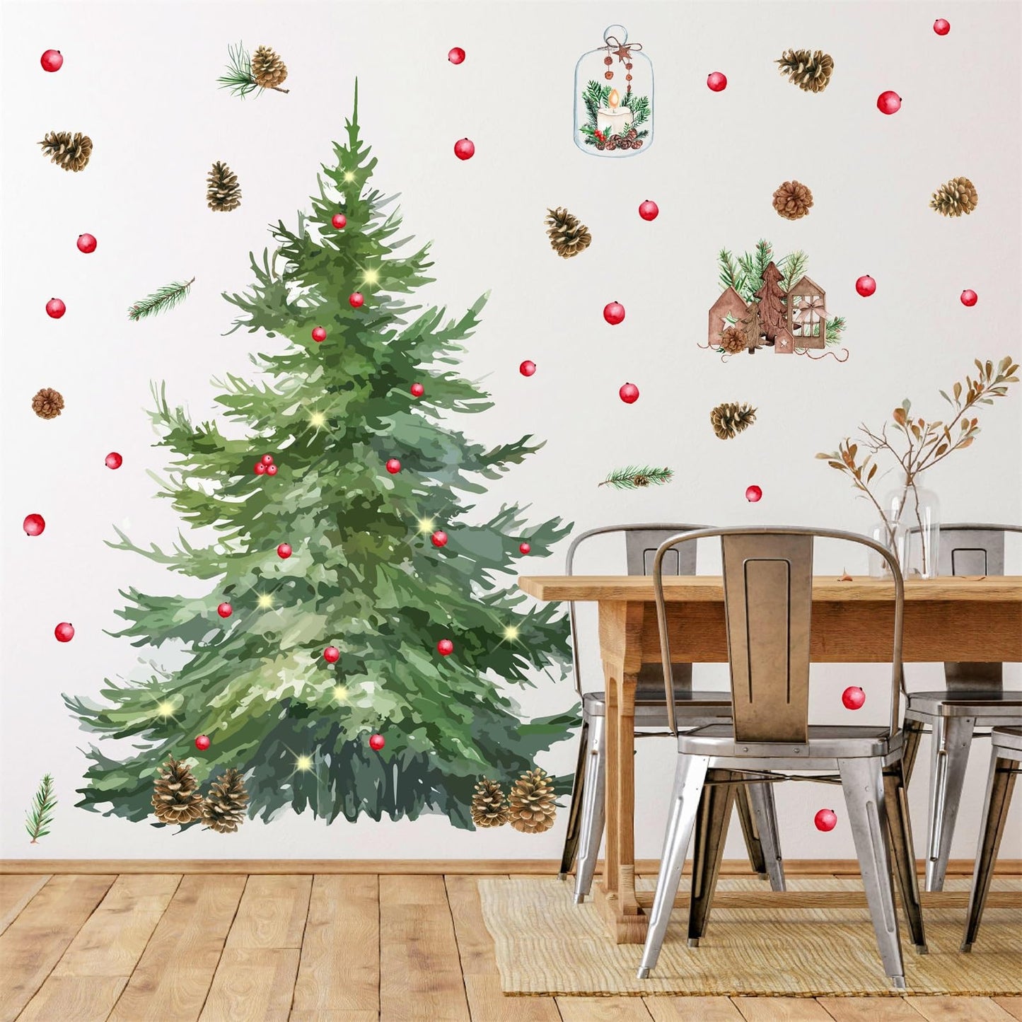Large Pine Tree Wall Stickers Watercolor Christmas Tree Wall Decals Peel and Stick Removable Evergreen Trees Decal Winter Merry Christmas Art Murals for Living Room Kitchen Gift Xmas Party Supplies