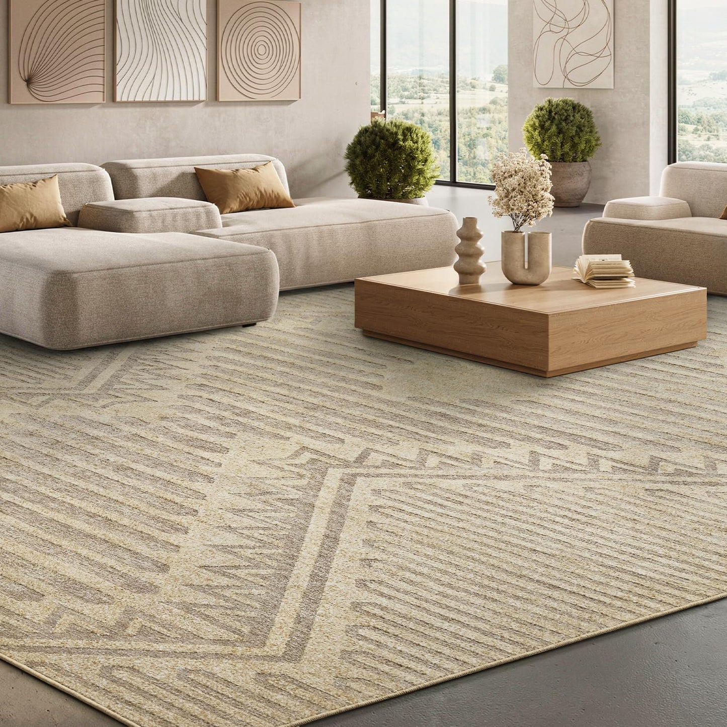 Boho Beige 5x7 Area Rugs Textured Tufted Rugs for Living Room Bedroom Nursery Rug-Carpet Washable Brown Neutral Modern Aztec Rug