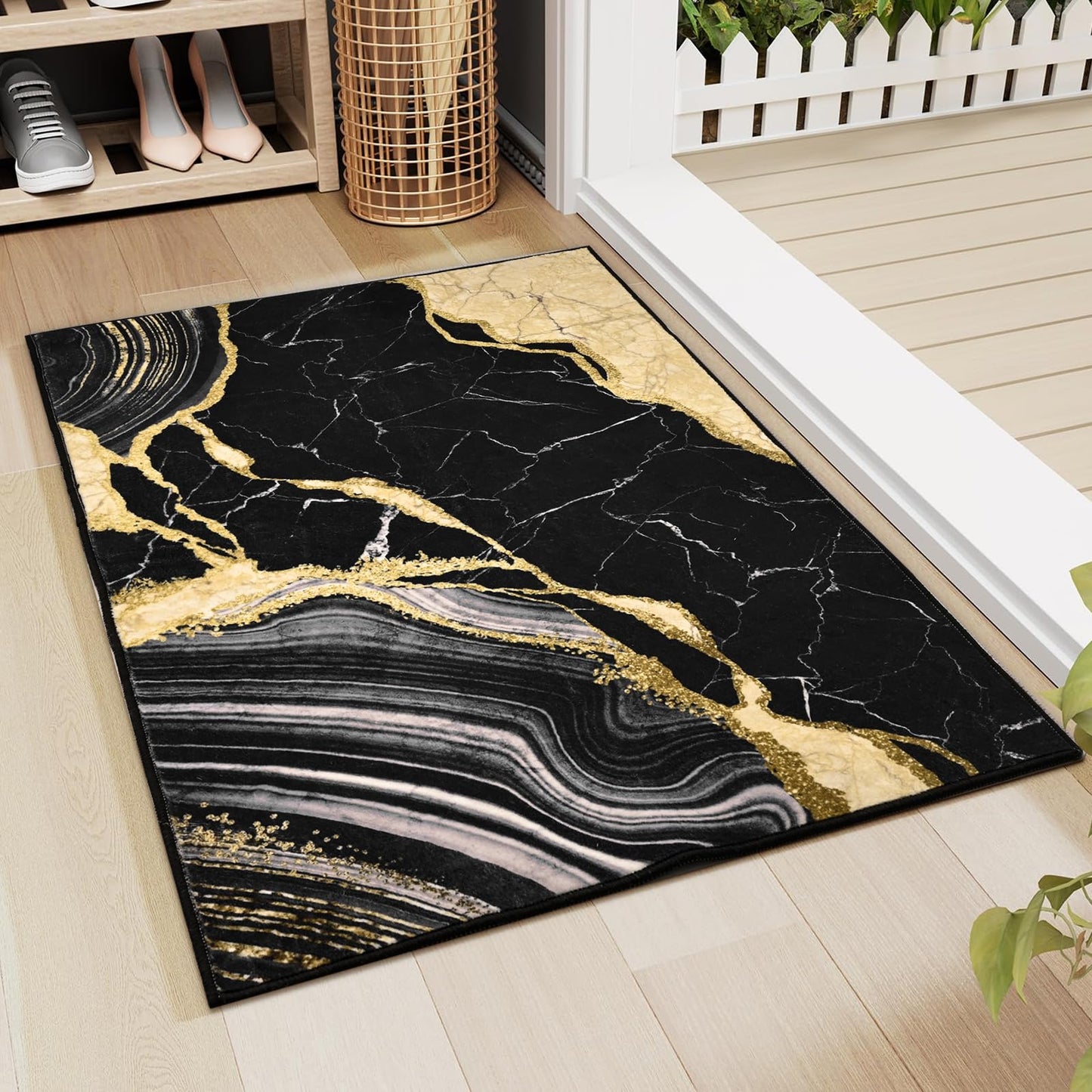 ASPMIZ Black and Gold Area Rug 2x3 Marble Entryway Rug Non-Slip Washable, Modern Indoor Door Mat Small Throw Rugs for Kitchen, Soft Faux Wool Floor Carpet Front Door Rugs Low Profile