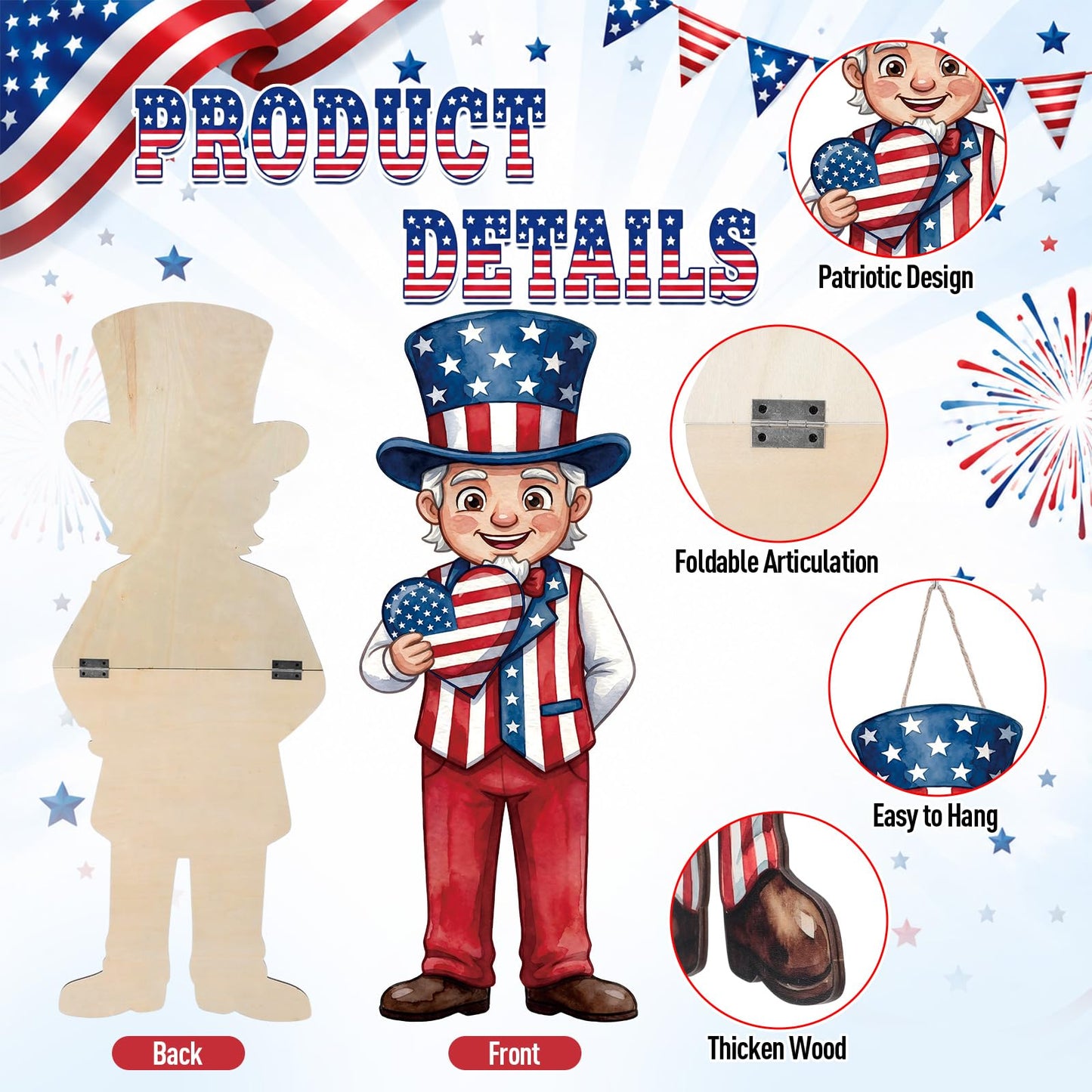 Thyle 2 Pcs Large 4th of July Hanging Sign Decorations 32 x 12 Inch Patriotic Uncle Wooden Front Door Decorations Plaques Porch Sign for 250th Anniversary Independence Day Door Hanger