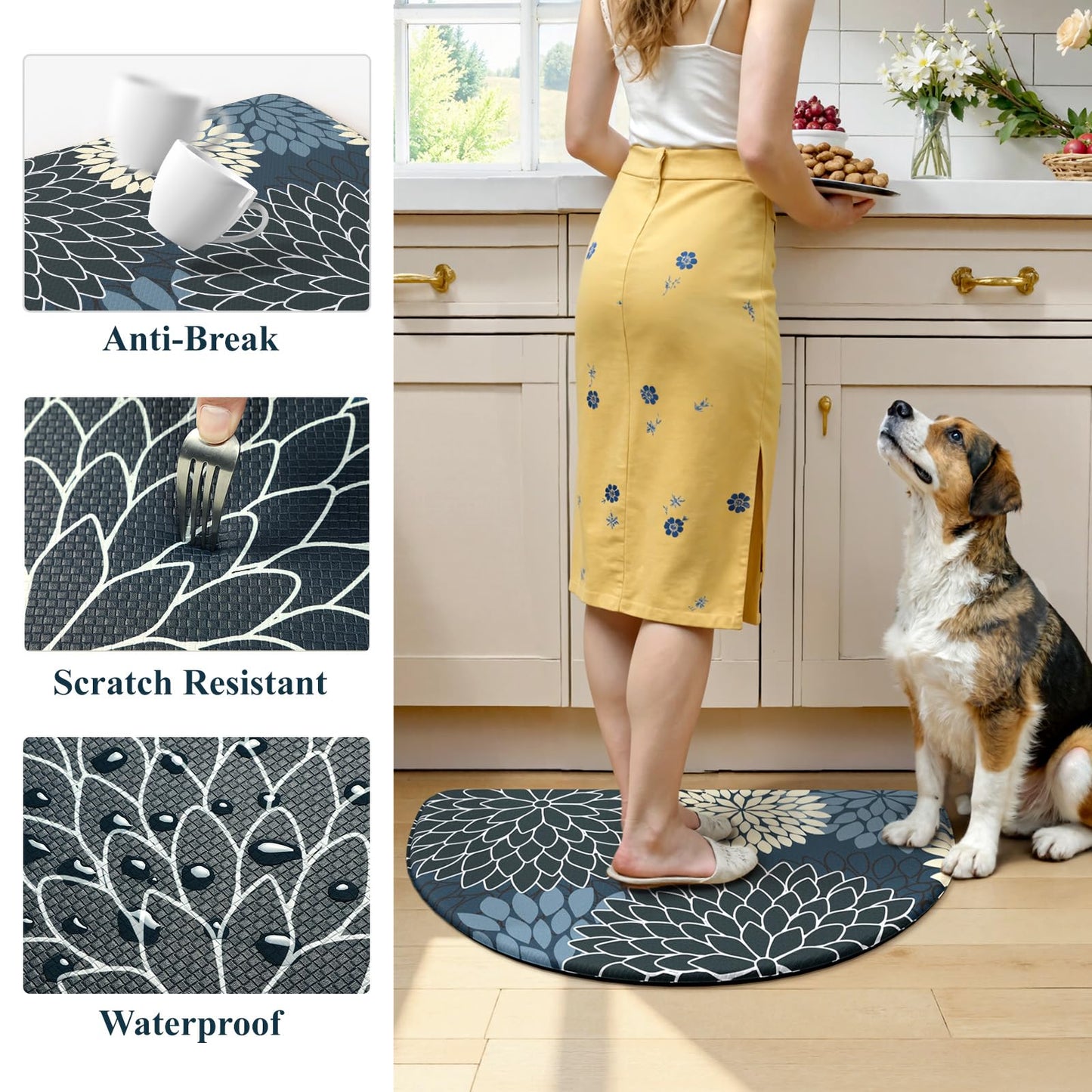 KIMODE Half Circle Kitchen Mats for Floor Cushioned Anti Fatigue,Semi Round Floral Boho Kitchen Rug Non Slip,Waterproof Kitchen Carpet Decor for Sink Laundry Bathroom,Blue Multi
