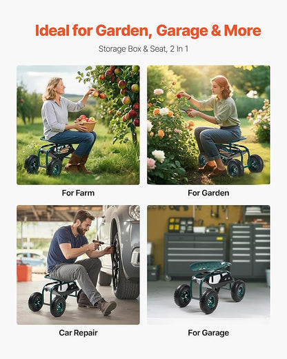 VEVOR Rolling Garden Cart with Swivel Seat, Heavy Duty Garden Seat with Storage Basket & Tool Tray, 300 lbs Weight Capacity, Outdoor Utility Gardening Stool Scooter for Lawn Yard Planting Weeding