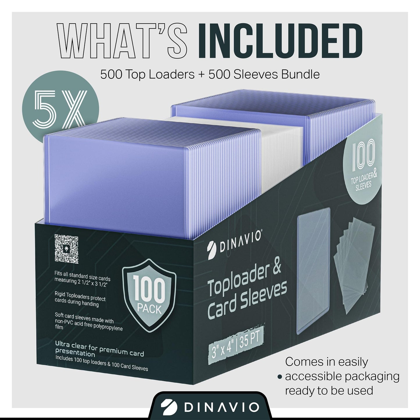 Dinavio Crafthouse 1000 Premium Card Sleeves + Top Loaders for Cards - 35pt Toploaders 3x4 - Compatible with PKMN Baseball MTG Lorcana YGO (500 Top Loaders + 500 Sleeves)