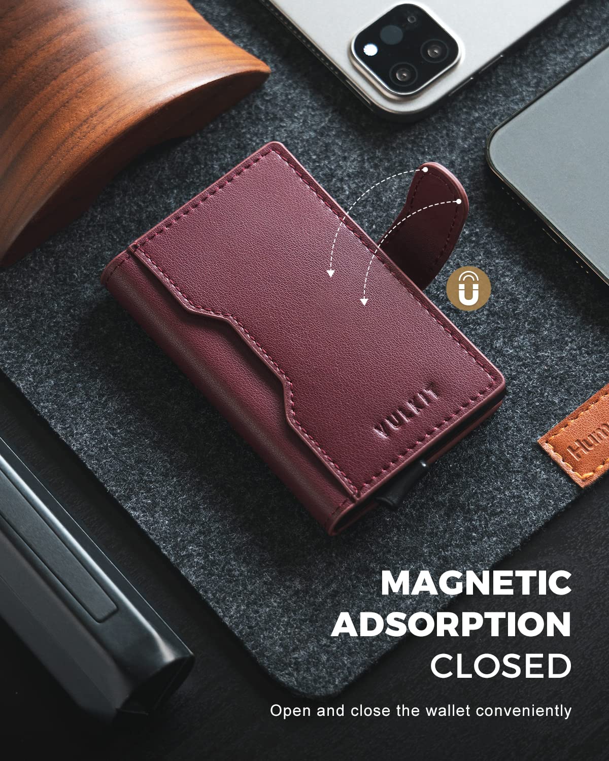 VULKIT Slim Bifold Pop up Wallet Minimalist Leather Card Holder RFID Blocking Metal Card Case with ID Window for Women(Wine)
